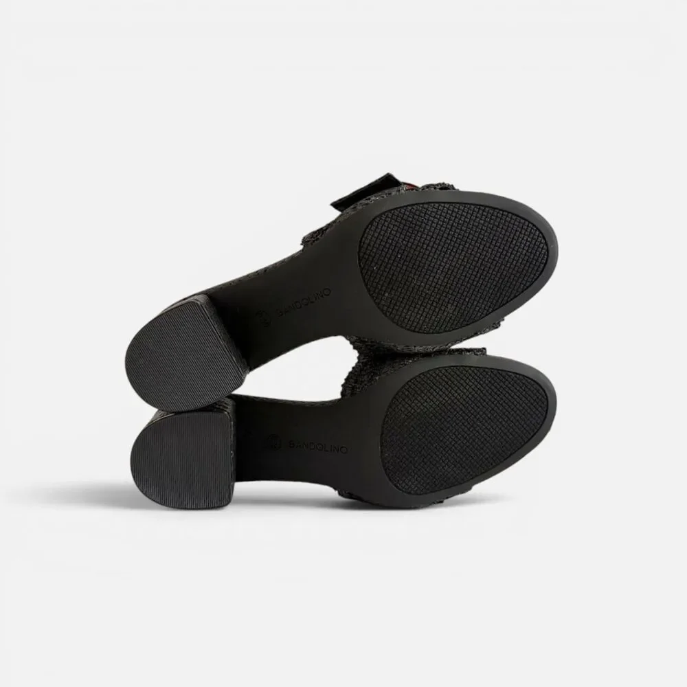 Bandolino Anni Raffia Crochet Block Black Heel Sandals, NEW! Size 8.5